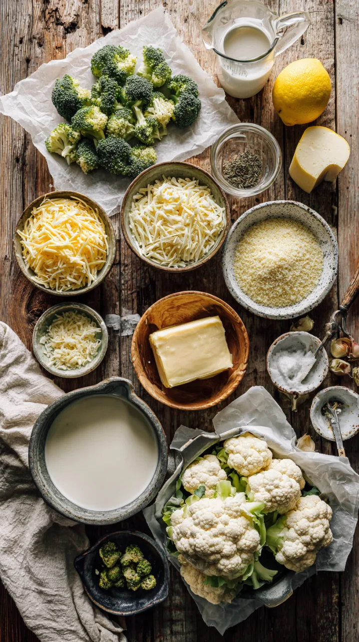 Ingredients for cheesy broccoli cauliflower casserole