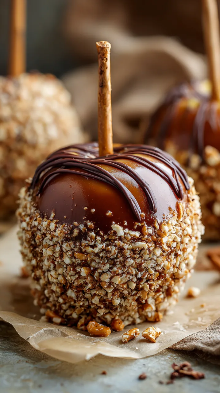 caramel apple rolled in finely crushed salted pretzels at the base, caramel glossy and smooth, light drizzle of chocolate across the top, resting on parchment