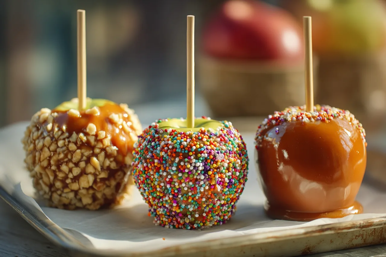 caramel apples cooling on parchment paper, one rolled in chopped peanuts, one coated with rainbow sprinkles, and one plain shiny caramel