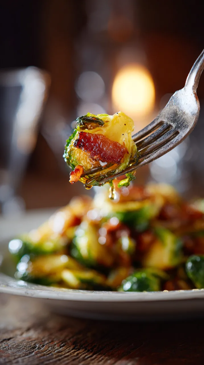 caramelized Brussels sprout with crispy bacon and maple glaze dripping