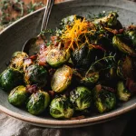 ceramic platter filled with maple roasted Brussels sprouts