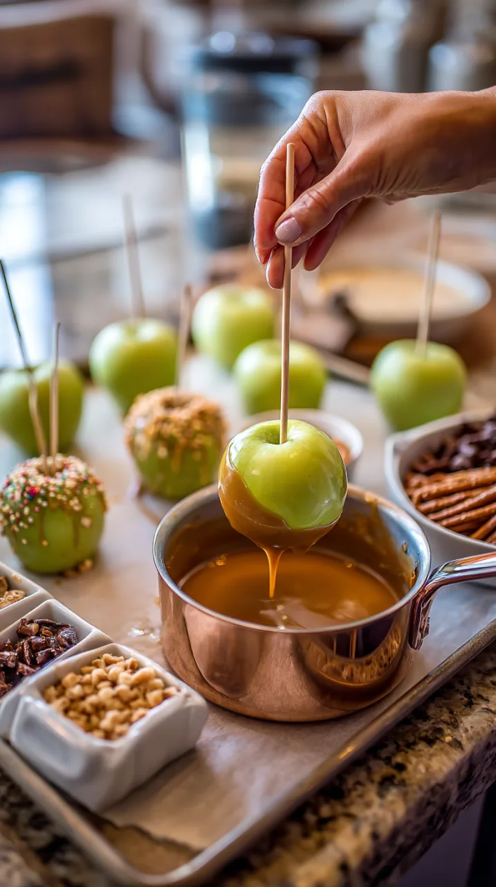 dipping a green apple on a stick into warm caramel