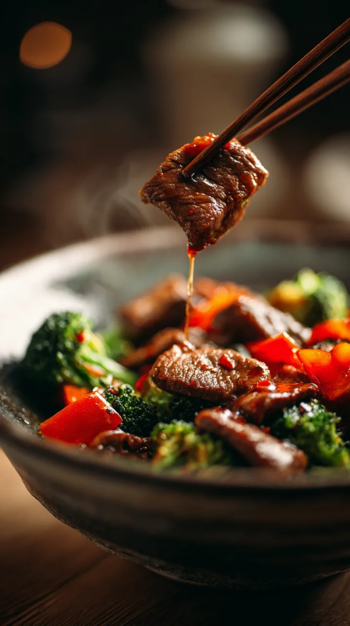 glistening slice of beef coated in savory sauce, broccoli and red bell pepper