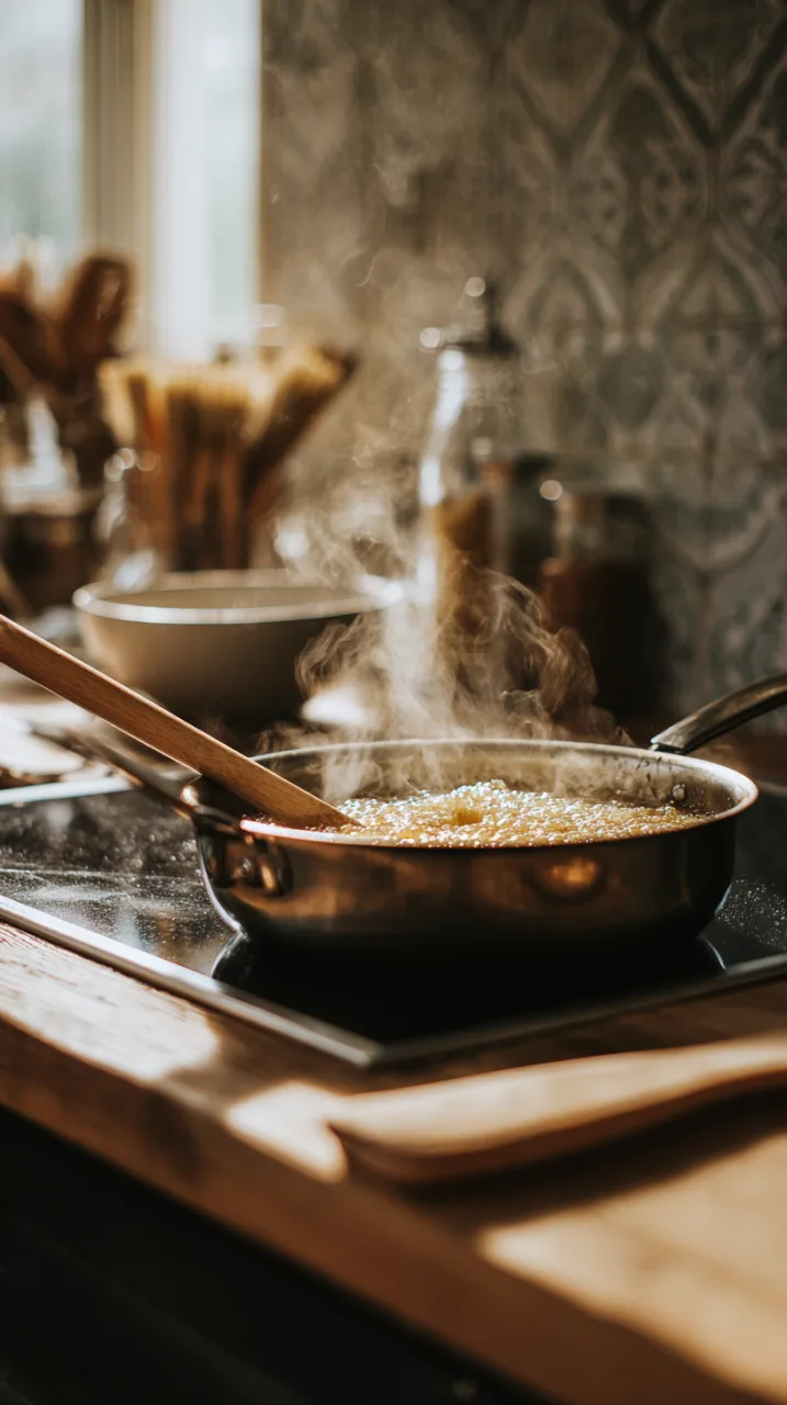 golden caramel bubbling in a heavy saucepan on a home stovetop