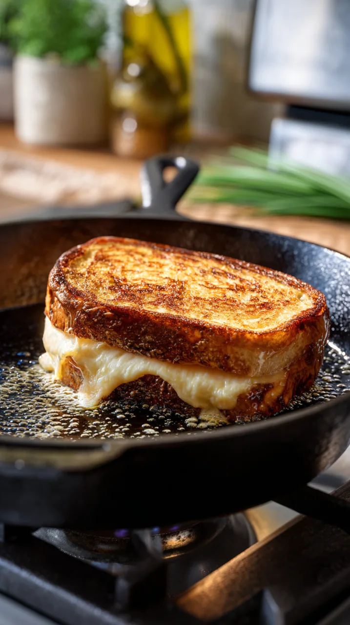 grilled cheese sandwich cooking in a cast iron skillet on a home stove