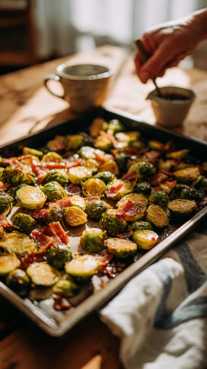 hand tossing halved Brussels sprouts in rendered bacon fat on a baking sheet, maple syrup in a small pitcher nearby, kitchen towel folded on the side