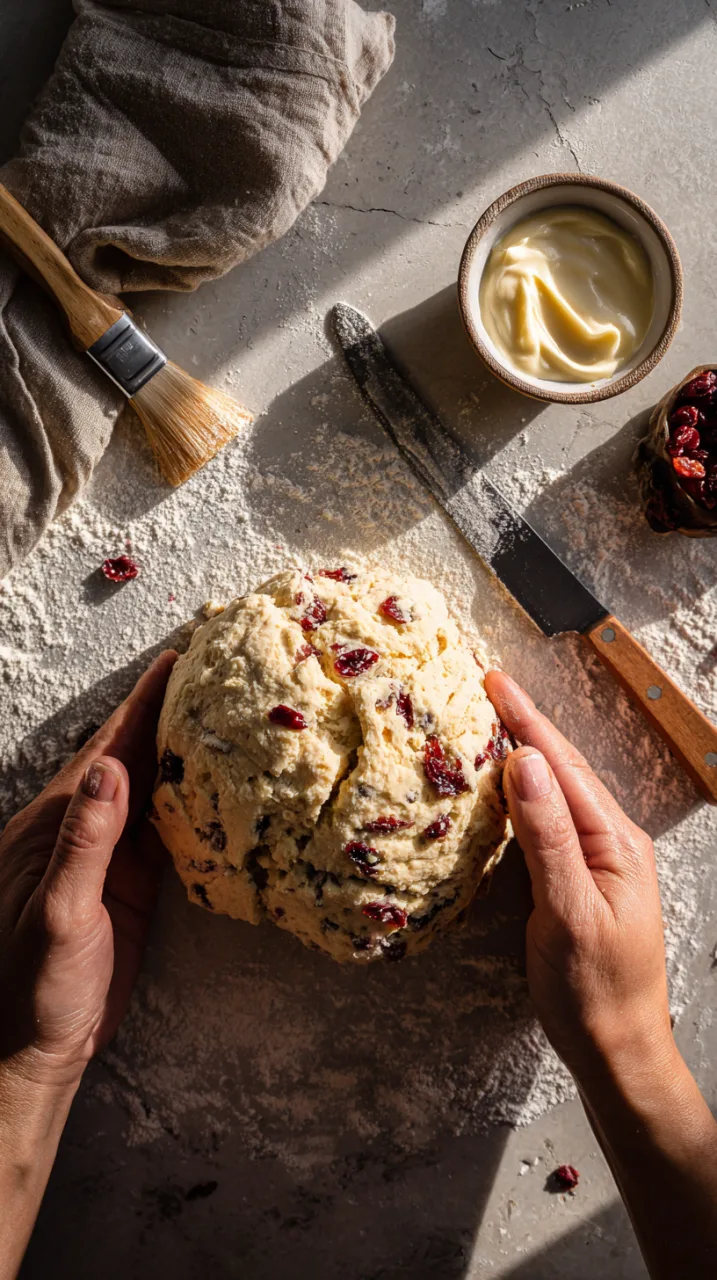 hands shaping cranberry orange scone dough into a thick round on a lightly floured countertop