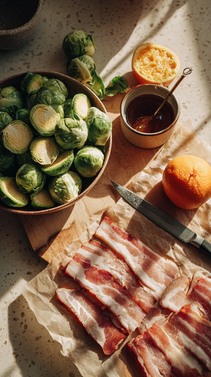 ingredients for maple roasted brussels sprouts with bacon