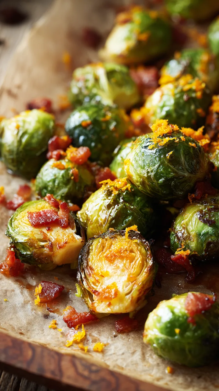 maple roasted Brussels sprouts with bacon on a parchment-lined baking sheet
