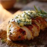 photo of juicy chicken breast topped with melted herbed butter, sliced and arranged on a rustic cutting board