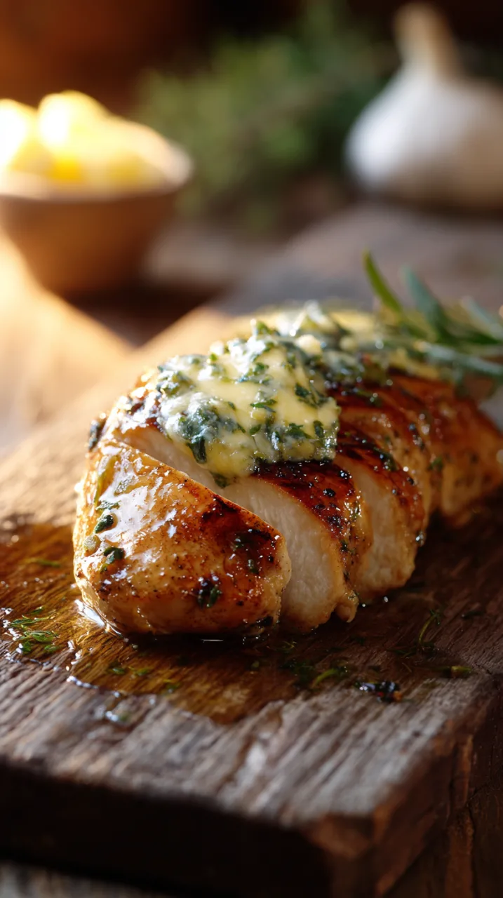 photo of juicy chicken breast topped with melted herbed butter, sliced and arranged on a rustic cutting board