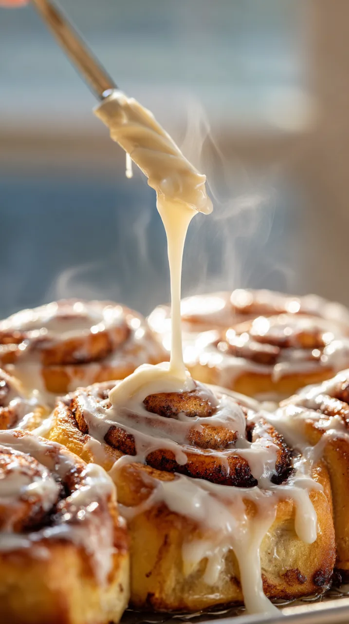 pumpkin cinnamon rolls just out of the oven, golden brown swirls in sharp detail, thick maple vanilla cream cheese icing being spread with a spatula