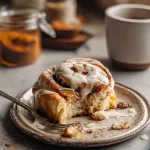 pumpkin cinnamon rolls on a vintage ceramic plate, half eaten with a fork resting on the side, creamy icing smudged on the plate,