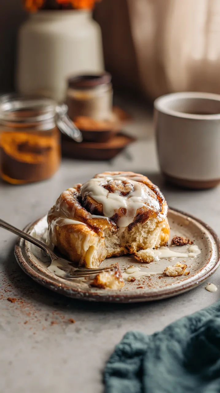 pumpkin cinnamon rolls on a vintage ceramic plate, half eaten with a fork resting on the side, creamy icing smudged on the plate,