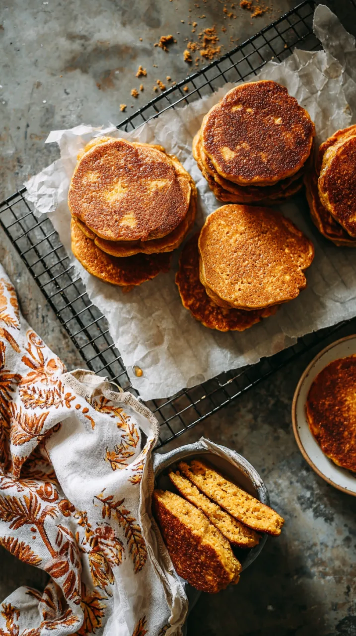 pumpkin spice pancakes cooling on a wire rack with parchment paper