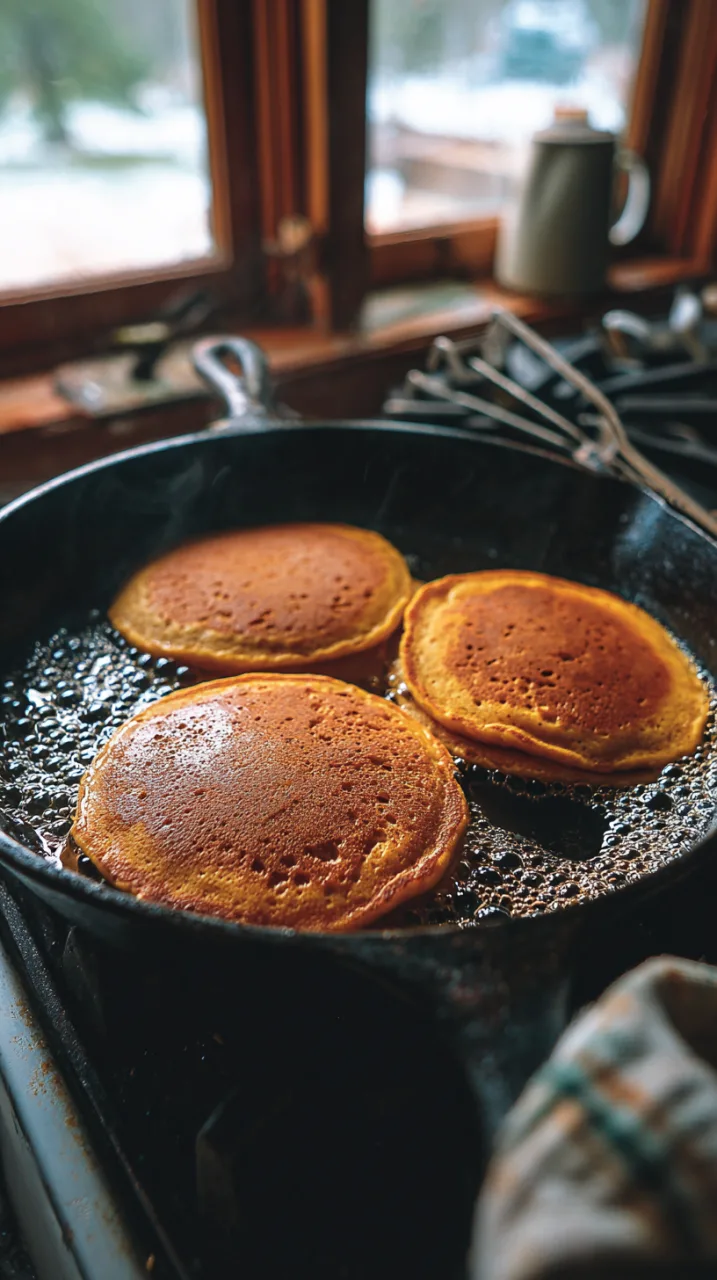pumpkin spice pancakes sizzling on a well-used cast iron skillet