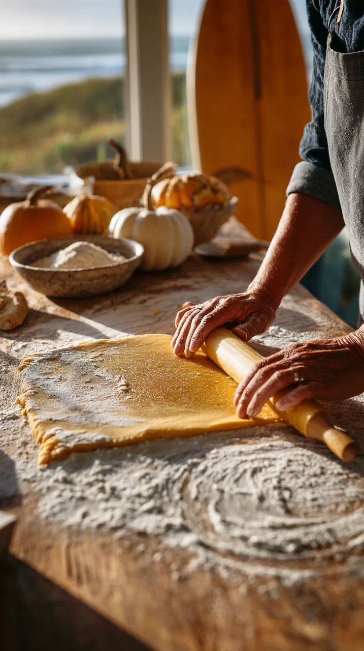 rolling out pumpkin dough on a floured wooden countertop,