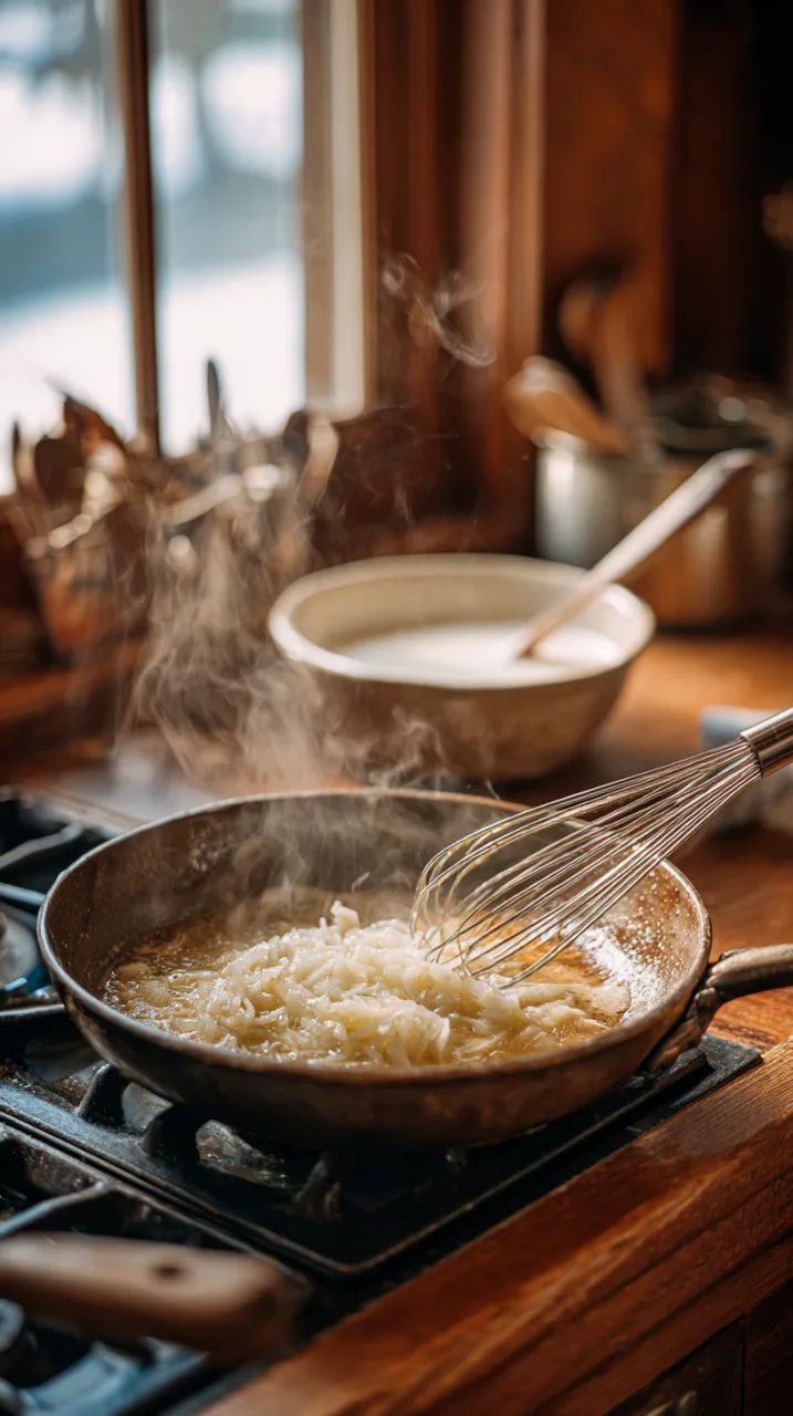 skillet with lightly browned butter, translucent onions, and garlic just added
