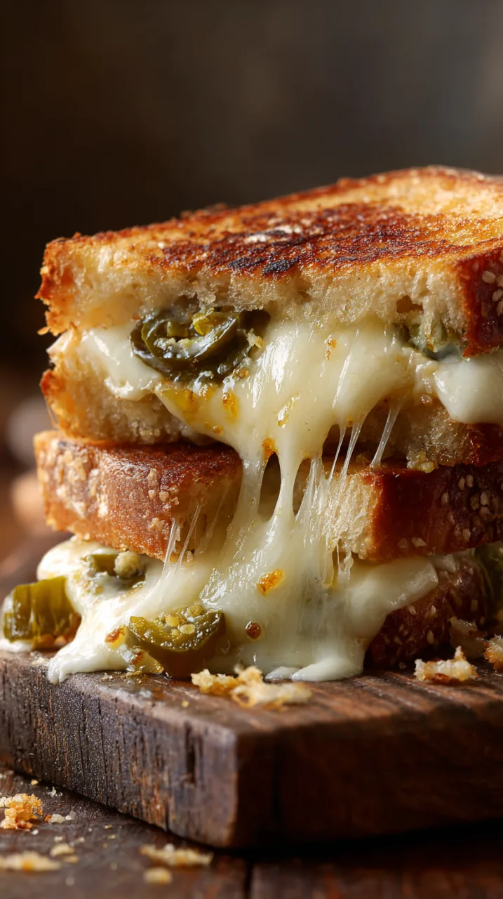 spicy pickle grilled cheese sandwich sliced in half with melty sharp cheddar and fontina cheese