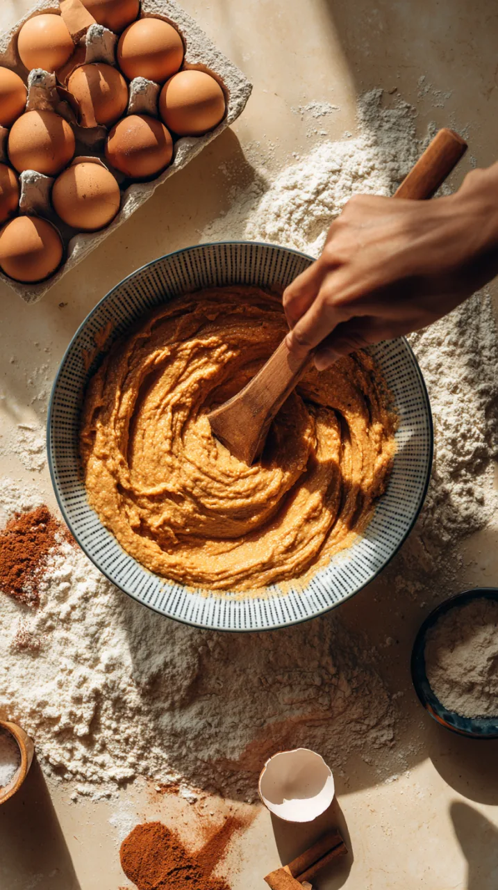 thick pumpkin spice pancake batter being mixed by hand