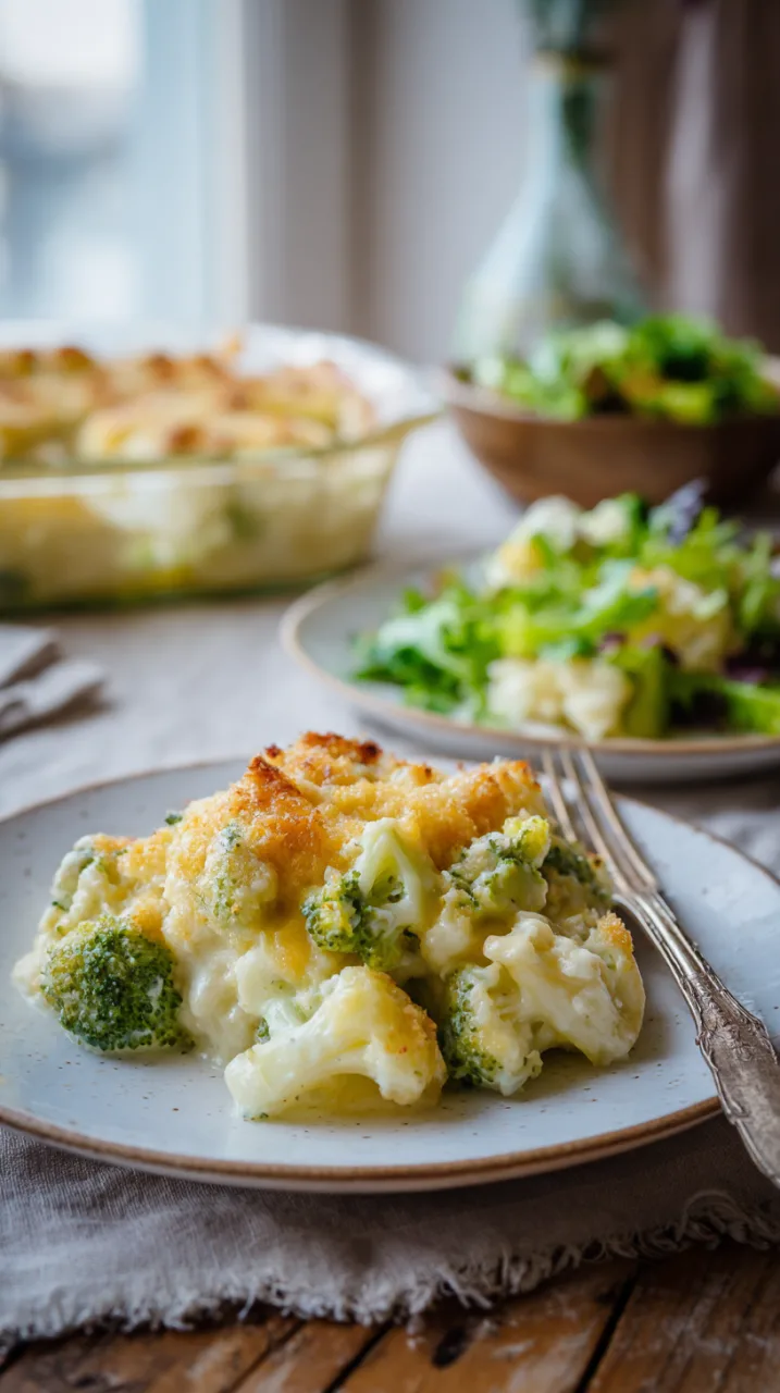 tidy scoop of cheesy broccoli cauliflower casserole