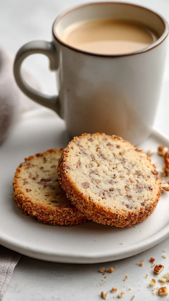 toasted pecan shortbread cookies on a plain white side plate