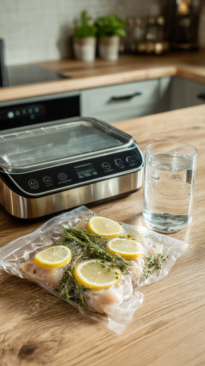 vacuum sealed chicken with lemon slices and herbs
