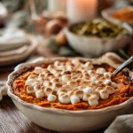 Family table with platter of sweet potato casserole
