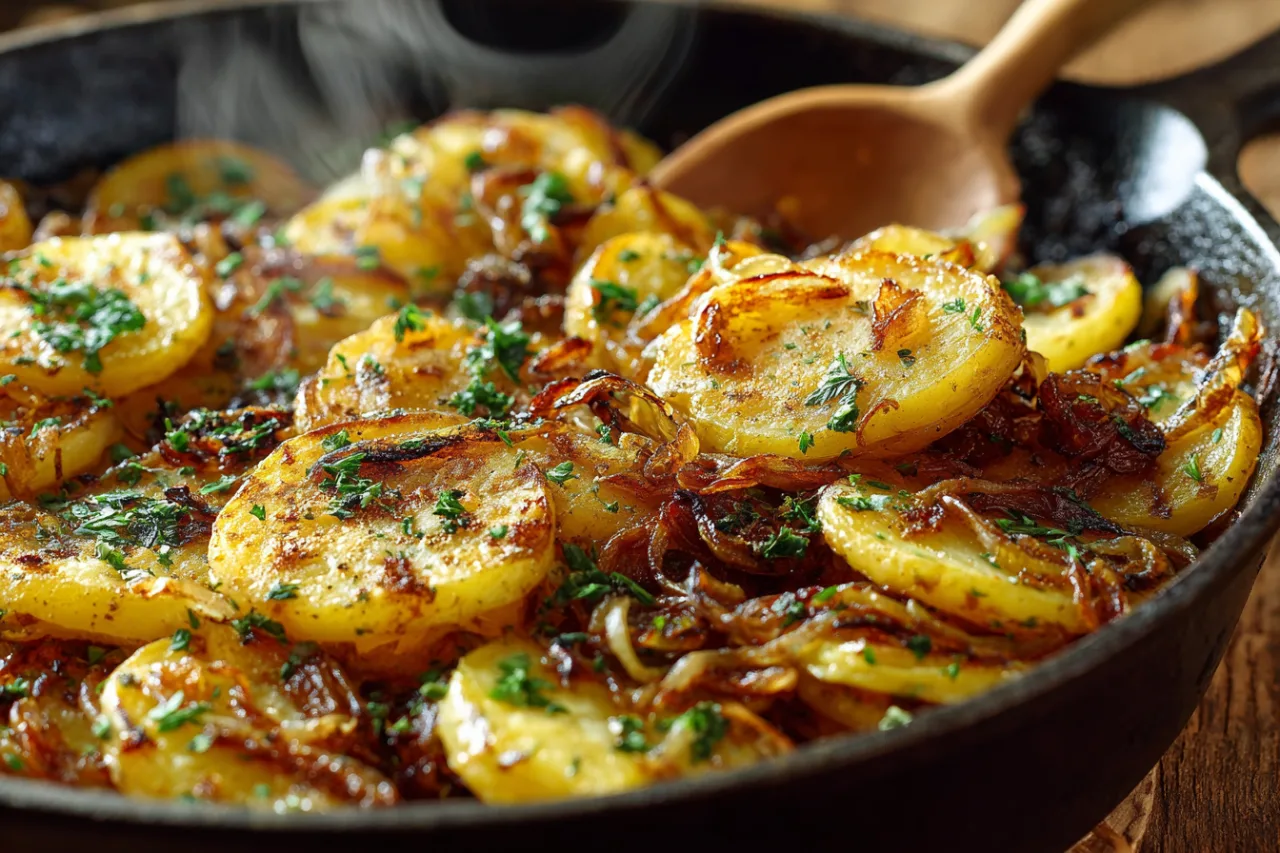 Lyonnaise potatoes in a cast-iron skillet