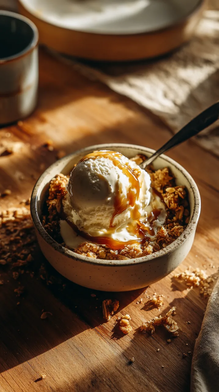 Single serving of caramel apple crisp scooped into a small ceramic bowl, vanilla ice cream melting over the top, caramel drizzled lightly