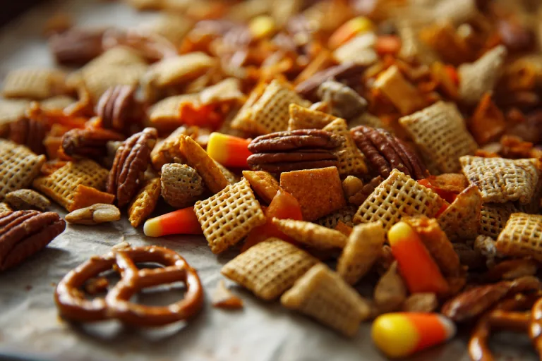 fall Chex mix cooling on a parchment-lined baking sheet