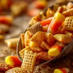 handful of fall Chex mix being scooped off parchment paper.