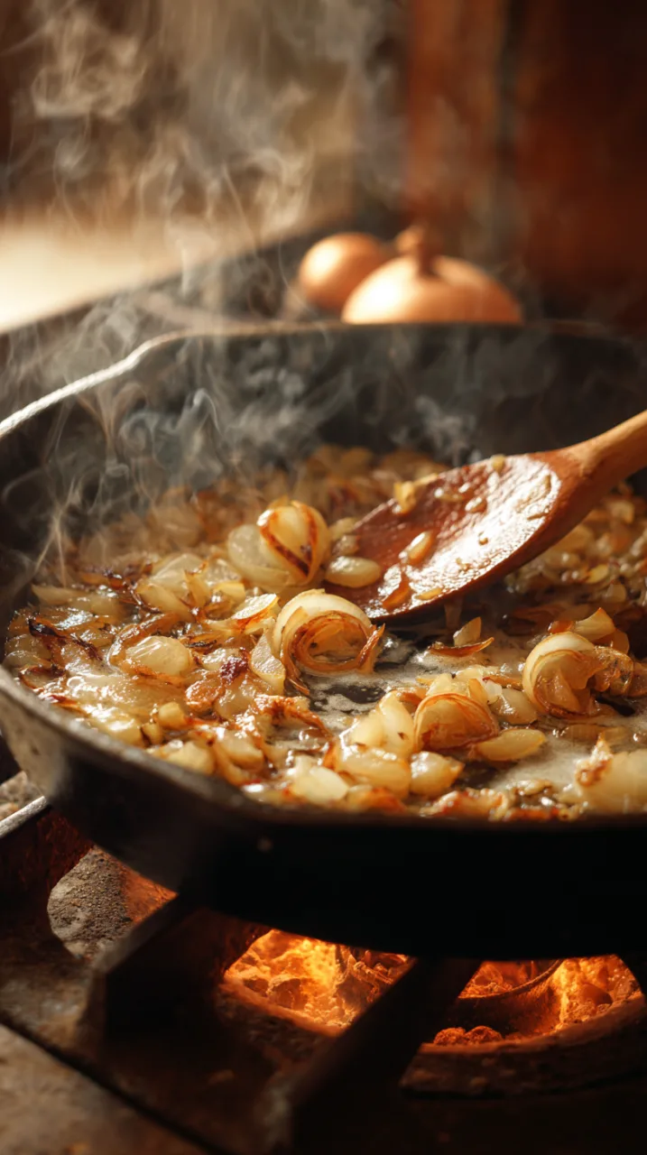 onions caramelizing in a cast-iron skillet