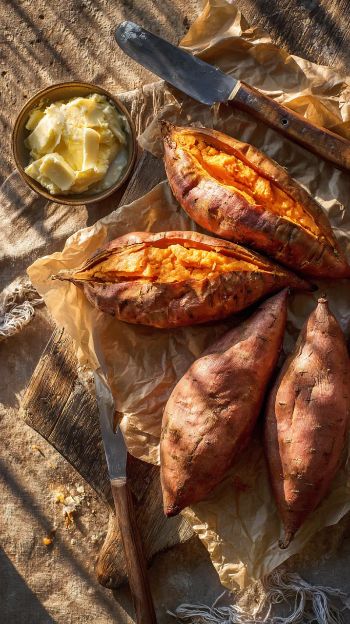 roasted sweet potatoes on parchment, skins wrinkled and caramelized