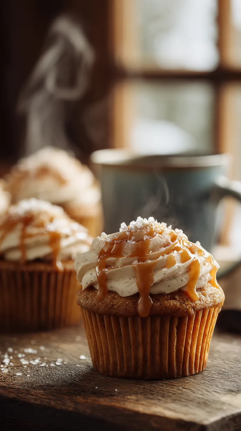 freshly frosted pumpkin spice latte cupcakes on a worn wooden countertop