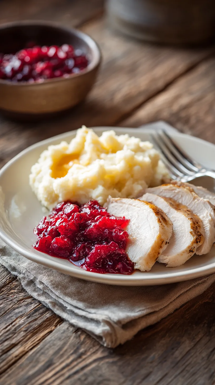 generous slice of roasted turkey breast, a scoop of creamy mashed potatoes, and a bright red spoonful of chunky cranberry orange relish
