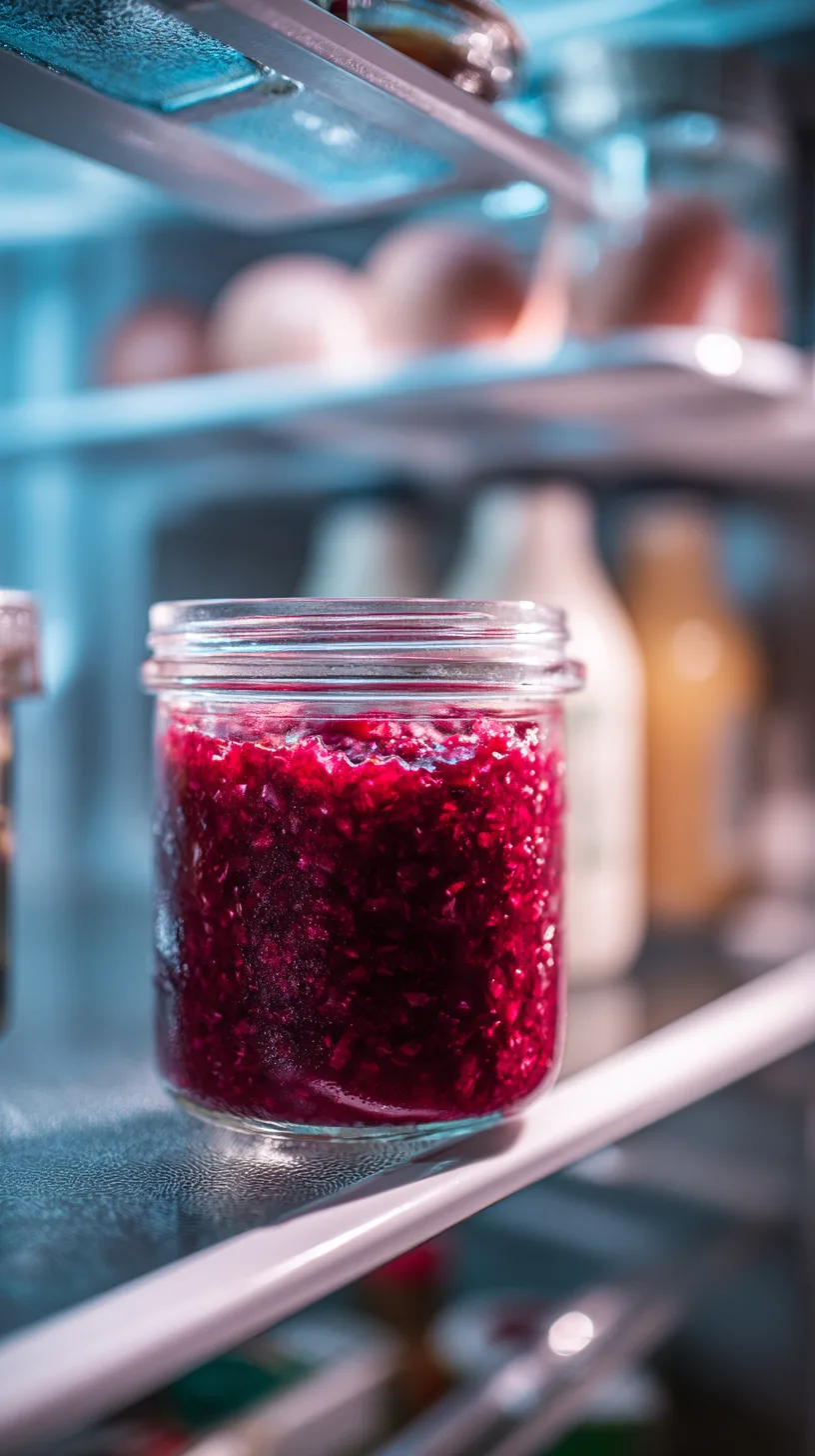 glass storage container with a tight-fitting lid filled three-quarters full with vibrant cranberry orange relish