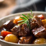 slow cooker beef stew with red wine, potatoes, and carrots
