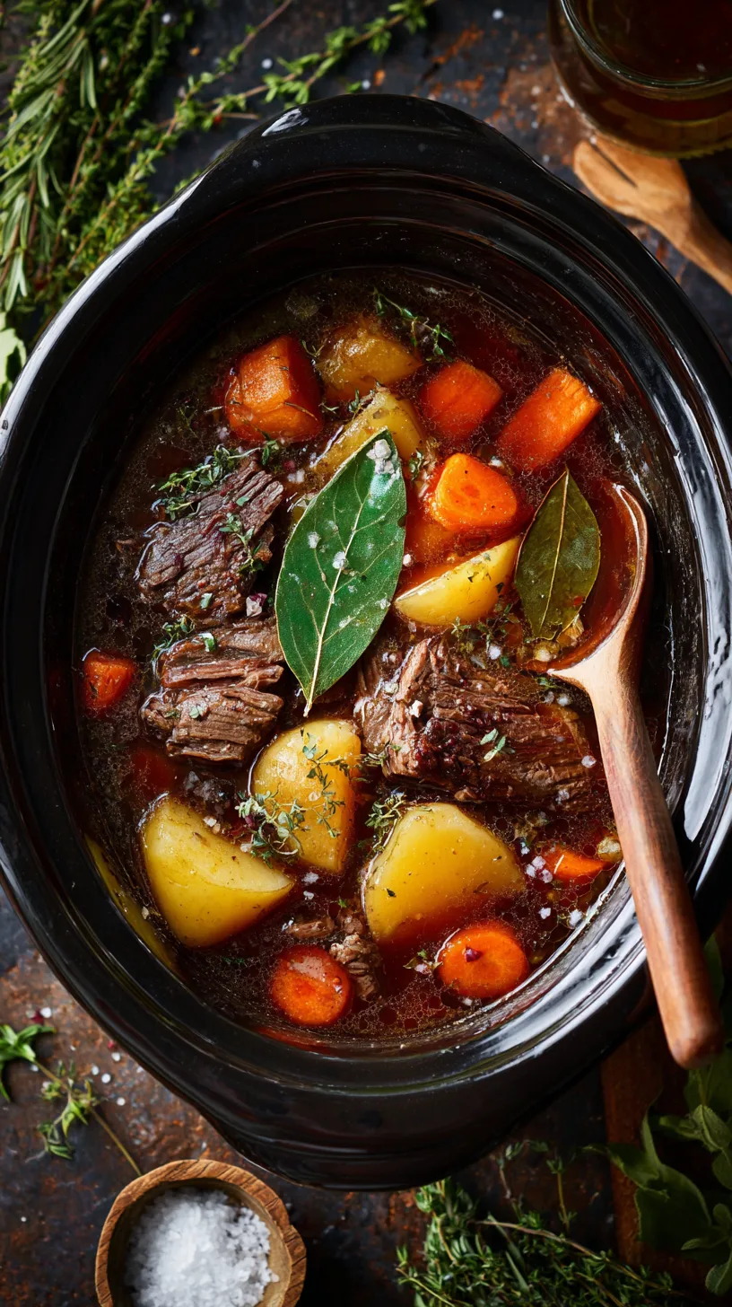 slow cooker filled with browned beef, red wine broth, carrots, potatoes, bay leaf floating on top