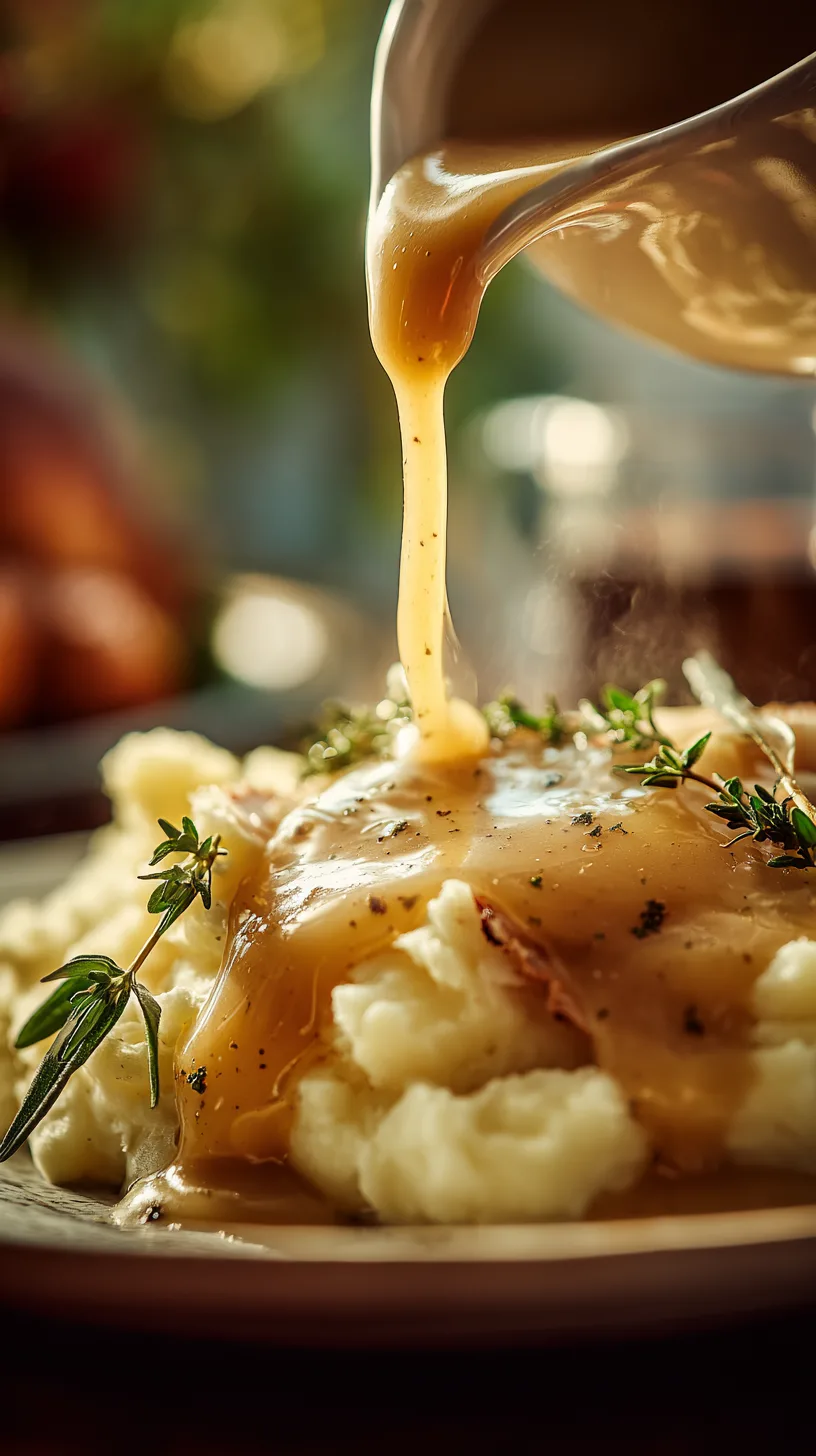 turkey gravy being poured over mashed potatoes