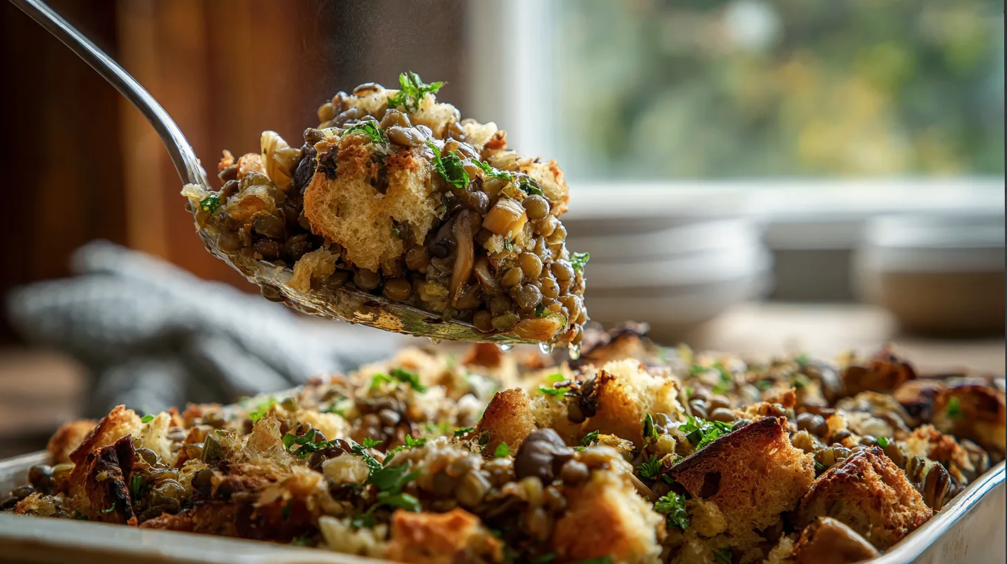 vegan lentil and walnut stuffing being served