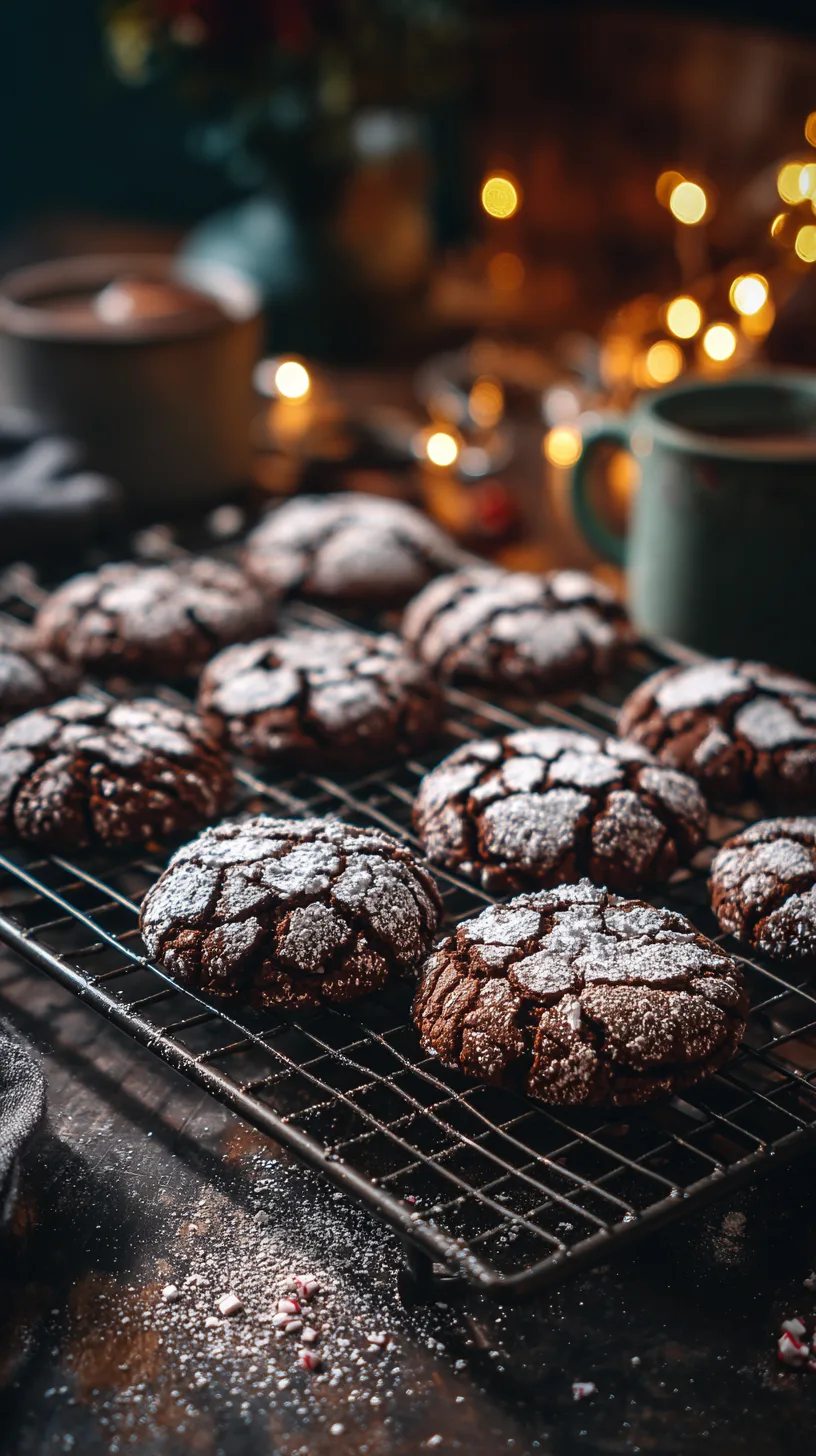 A tray of peppermint chocolate crinkle cookies cooling on a wire rack,
