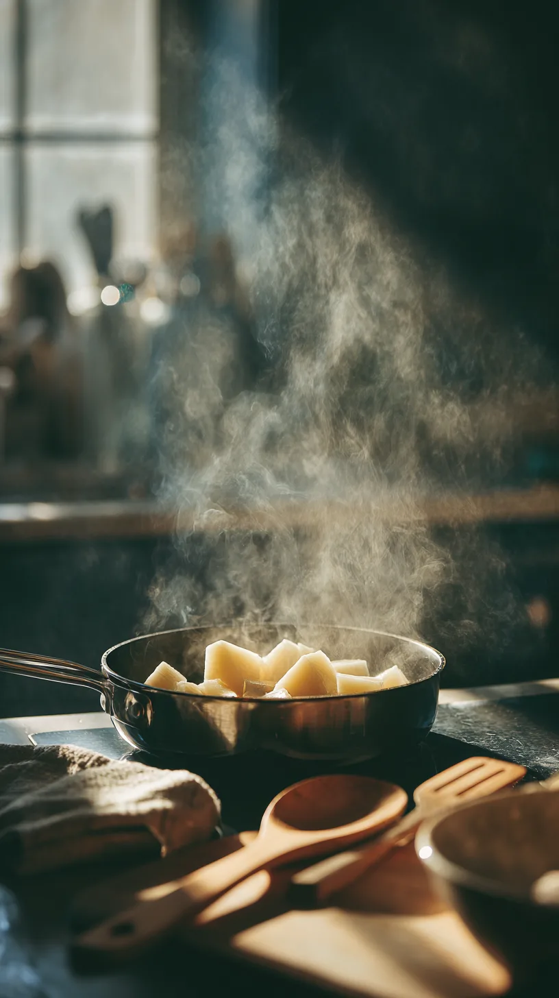 Cooked celery root chunks steaming in a hot pan