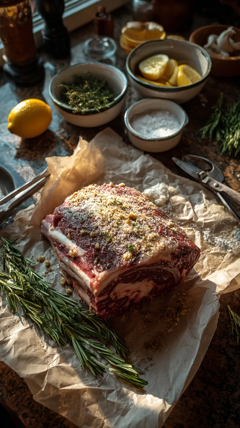 Raw bone-in rib roast coated with coarse salt, black pepper, and minced garlic on parchment paper