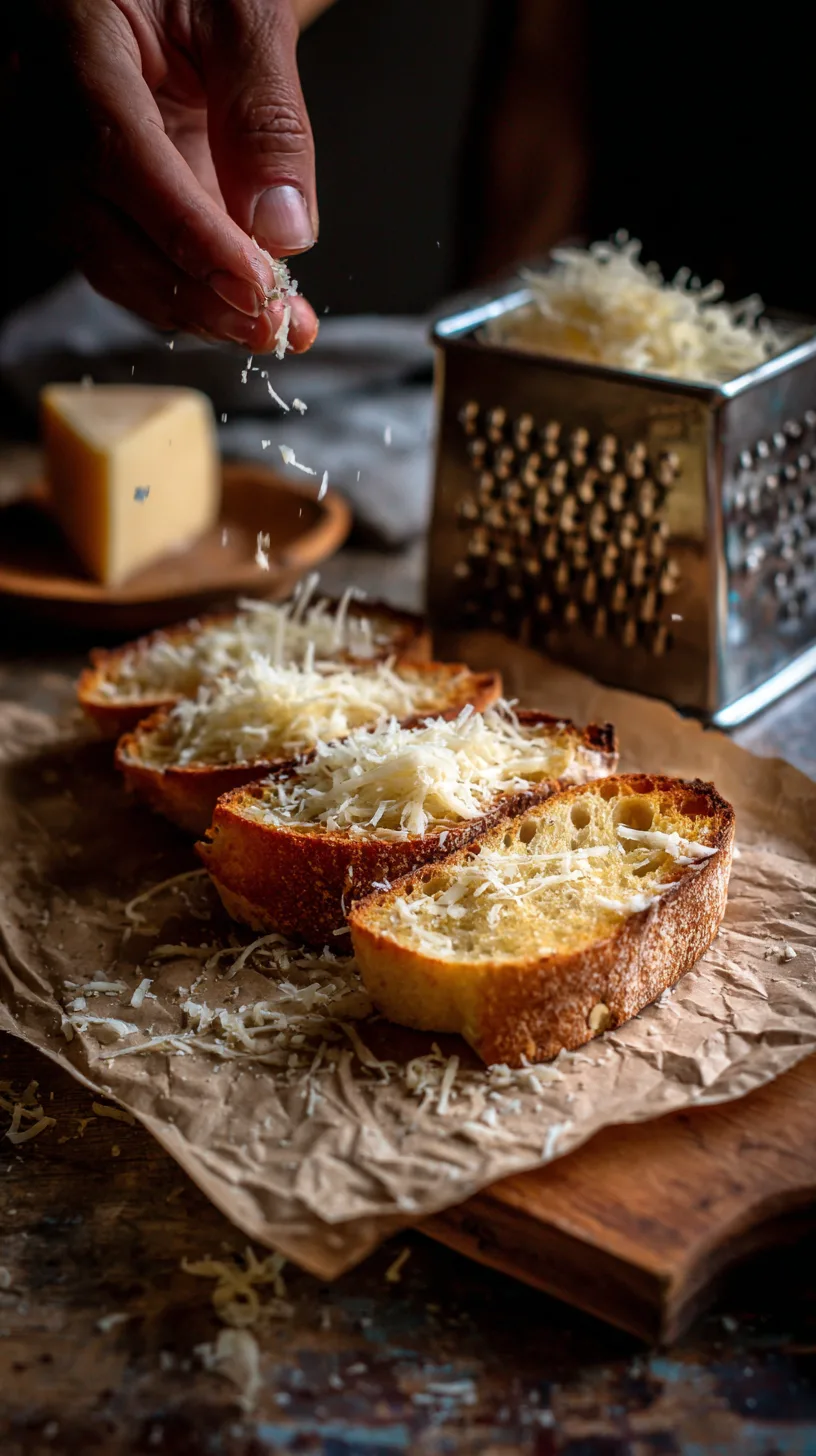 Slices of toasted baguette on parchment paper with grated gruyère and parmesan