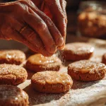 cinnamon sugar being sprinkled on apple cider cookies