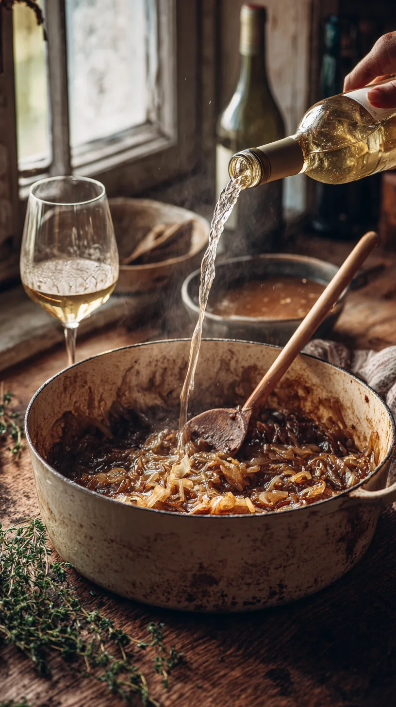 dry white wine into a pot filled with deep golden caramelized onions