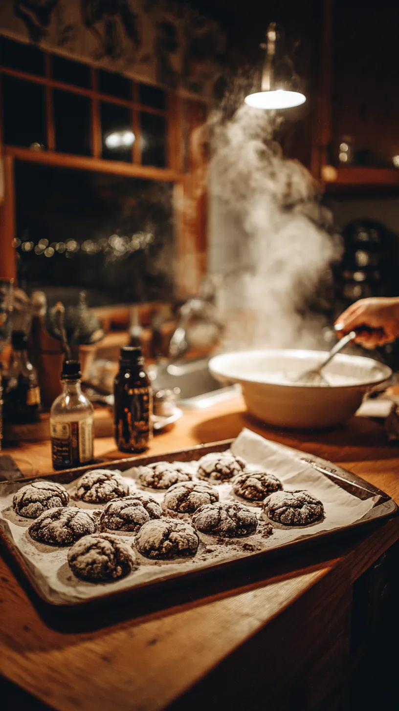 freshly baked peppermint chocolate crinkle cookies on parchment