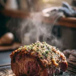 prime rib roast resting on a rack over a pan