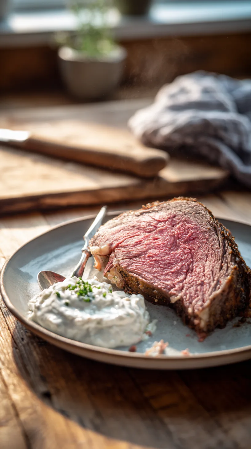 slice of medium-rare prime rib on a plain ceramic plate, a spoonful of whipped horseradish chive cream